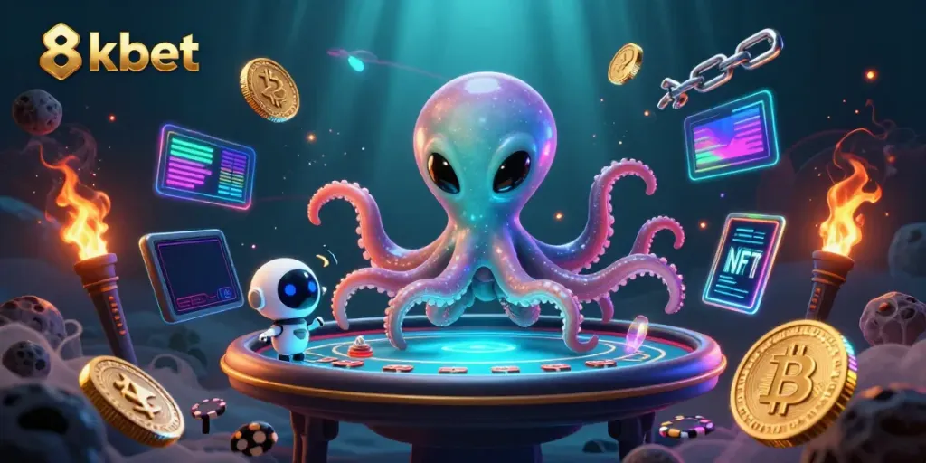 Play poker with 8xbet as a cartoon alien octopus in a cosmic casino setting with cryptocurrency elements.