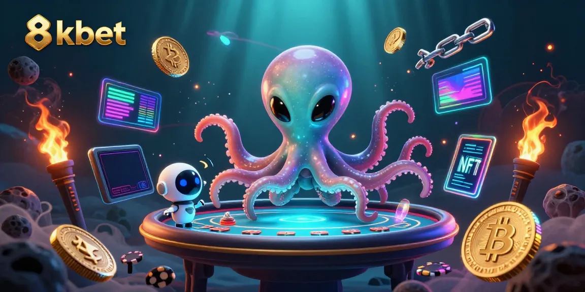 Play poker with 8xbet as a cartoon alien octopus in a cosmic casino setting with cryptocurrency elements.