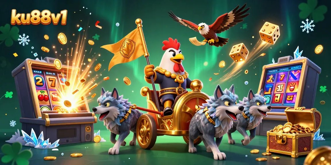 Engage with high-stakes thrills at ku88v1, featuring a dynamic rooster warlord amidst a slot explosion of jackpot excitement.