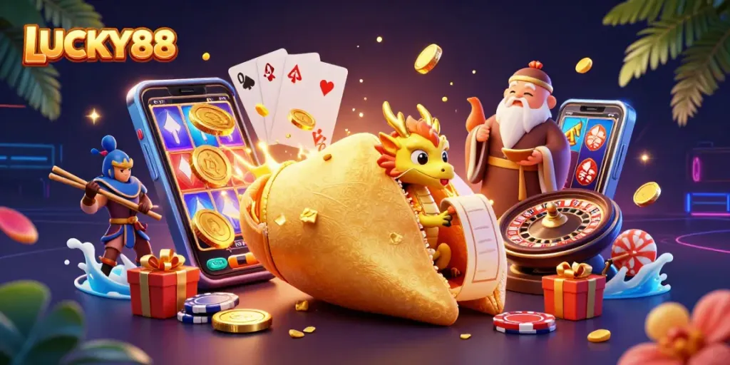 LUCKY88 slot adventure featuring a golden fortune cookie and dynamic gaming symbols.