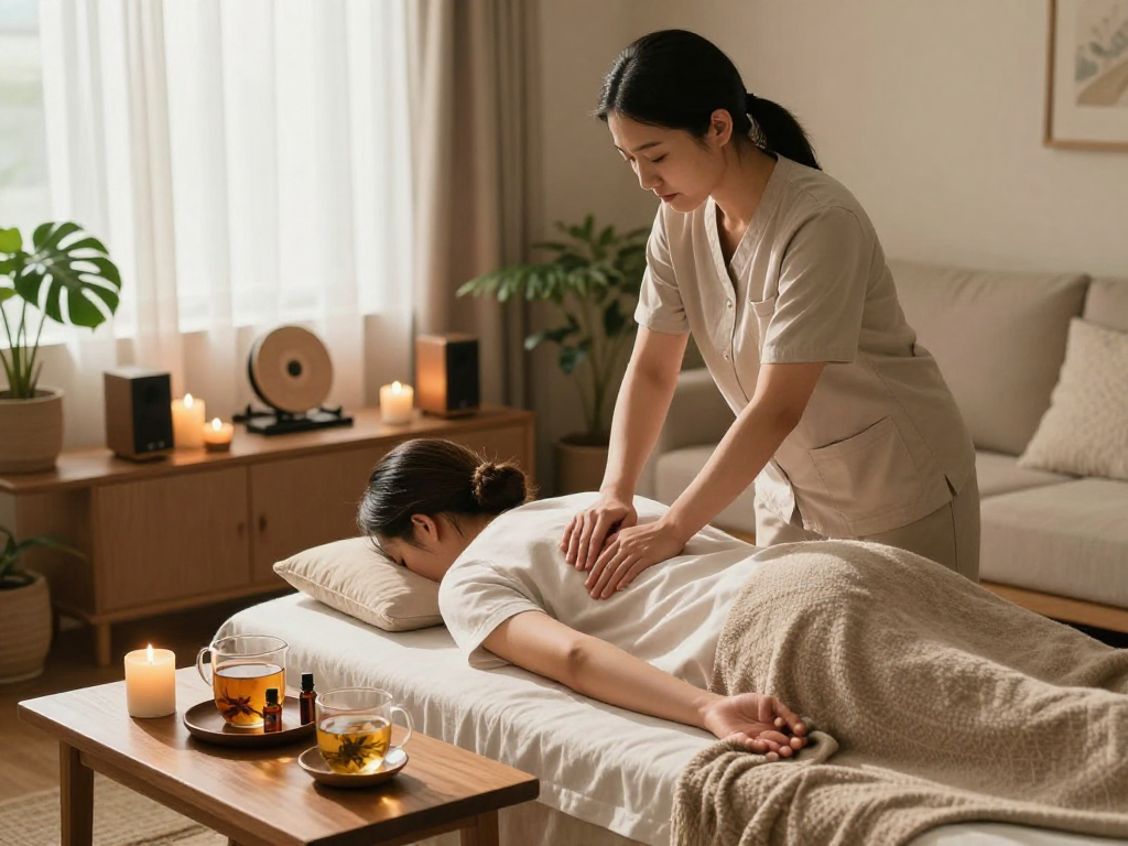 Enjoying 출장안마 in serene home environment, professional massage therapist providing a calming experience.