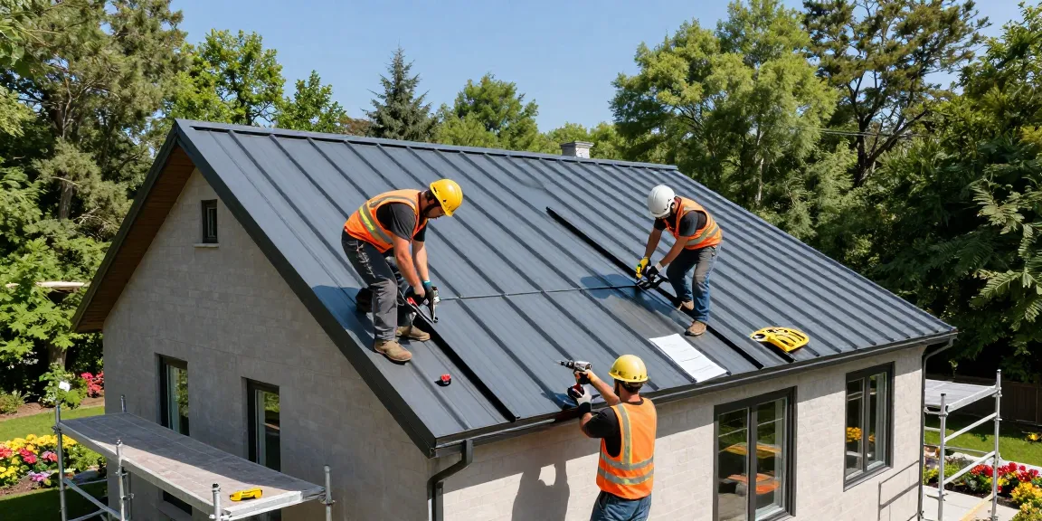 Installation of metal roofing Mississauga by skilled workers on a residential home.