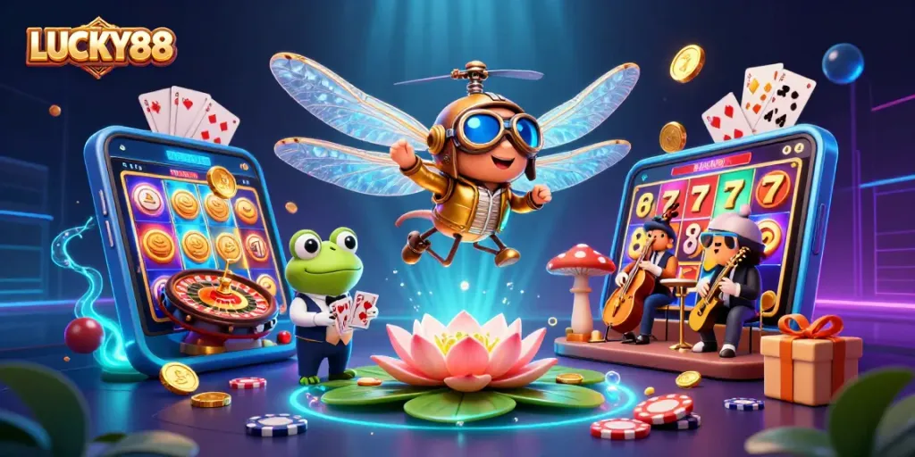 Play LUCKY88 with an exciting 3D scene of dragonfly pilots, casino elements, and a vibrant atmosphere.