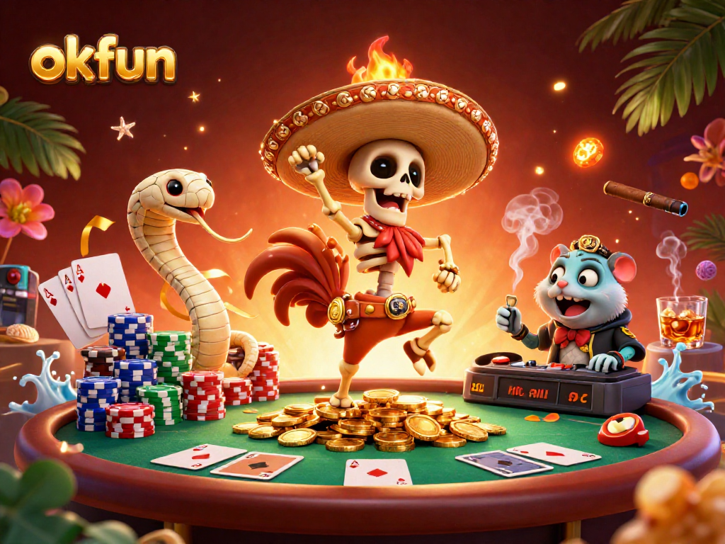 Engage in thrilling gameplay at okfun with our vibrant 3D casino scene featuring dynamic characters and colorful poker elements.