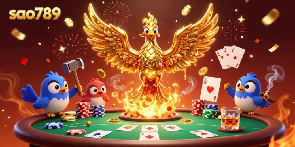 Sao789 casino illustration of a molten golden phoenix amid poker elements, celebrating big wins.