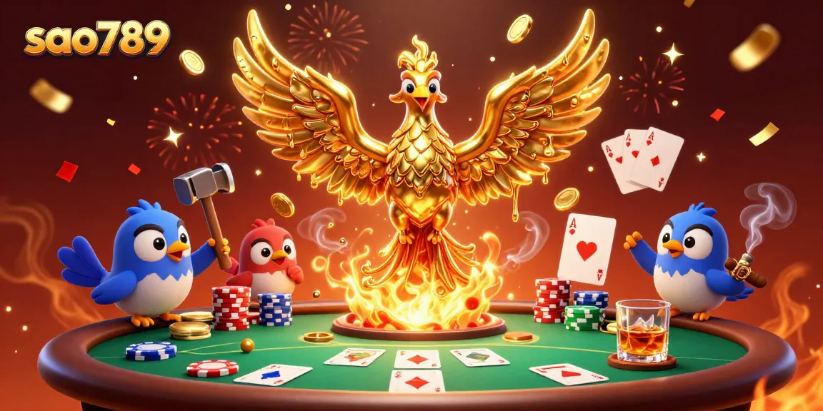 Sao789 casino illustration of a molten golden phoenix amid poker elements, celebrating big wins.