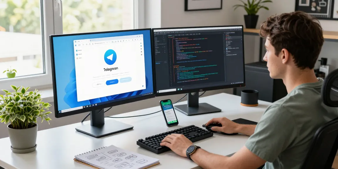 Dynamic workspace with developer coding Telegram download on dual monitors for a modern tech office.