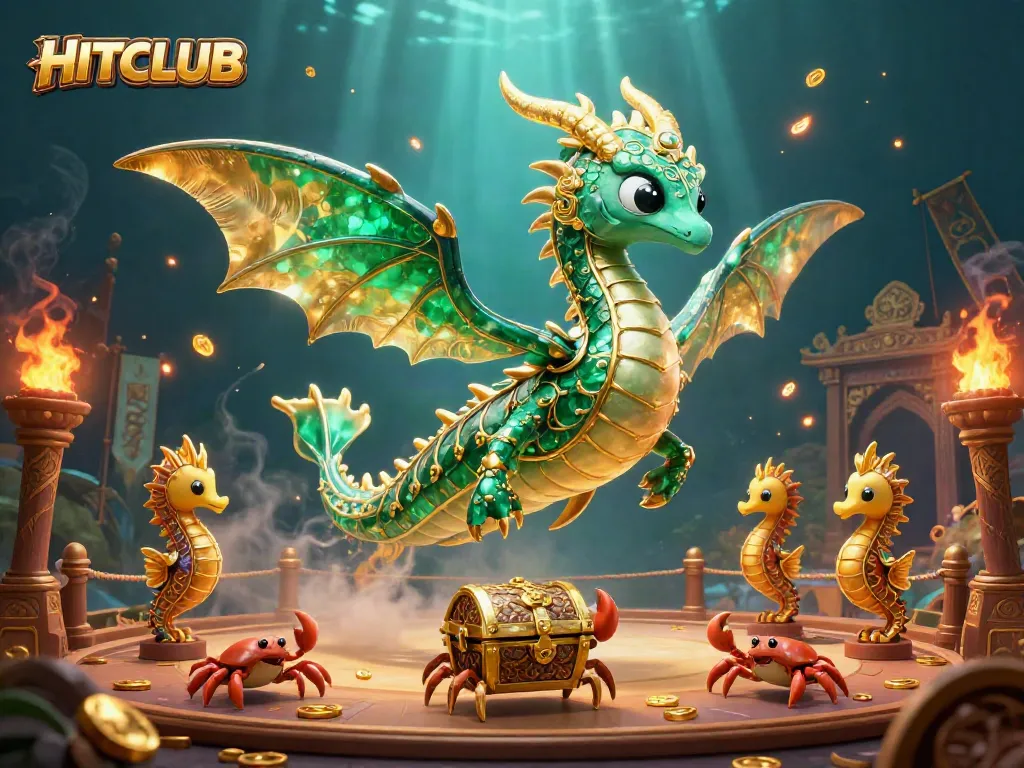 Experience HITCLUB gaming action with a vibrant underwater casino illustration, featuring dynamic game elements.
