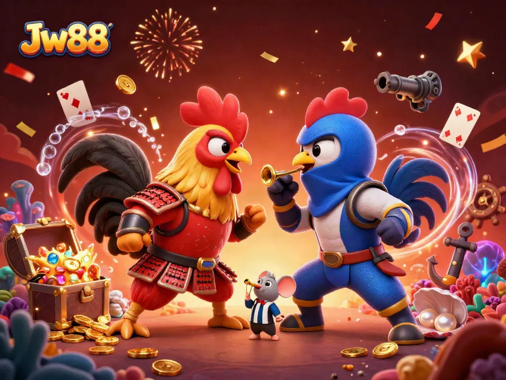 Experience the thrill of Jw88 with fighting roosters in a colorful 3D casino showdown.