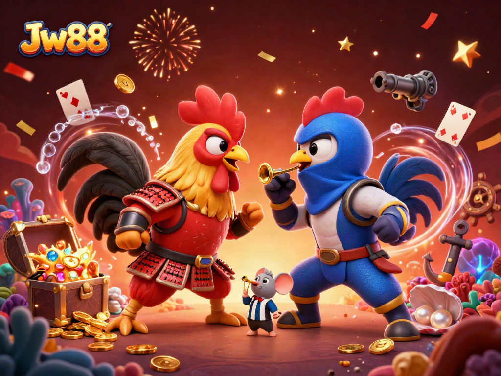 Experience the thrill of Jw88 with fighting roosters in a colorful 3D casino showdown.