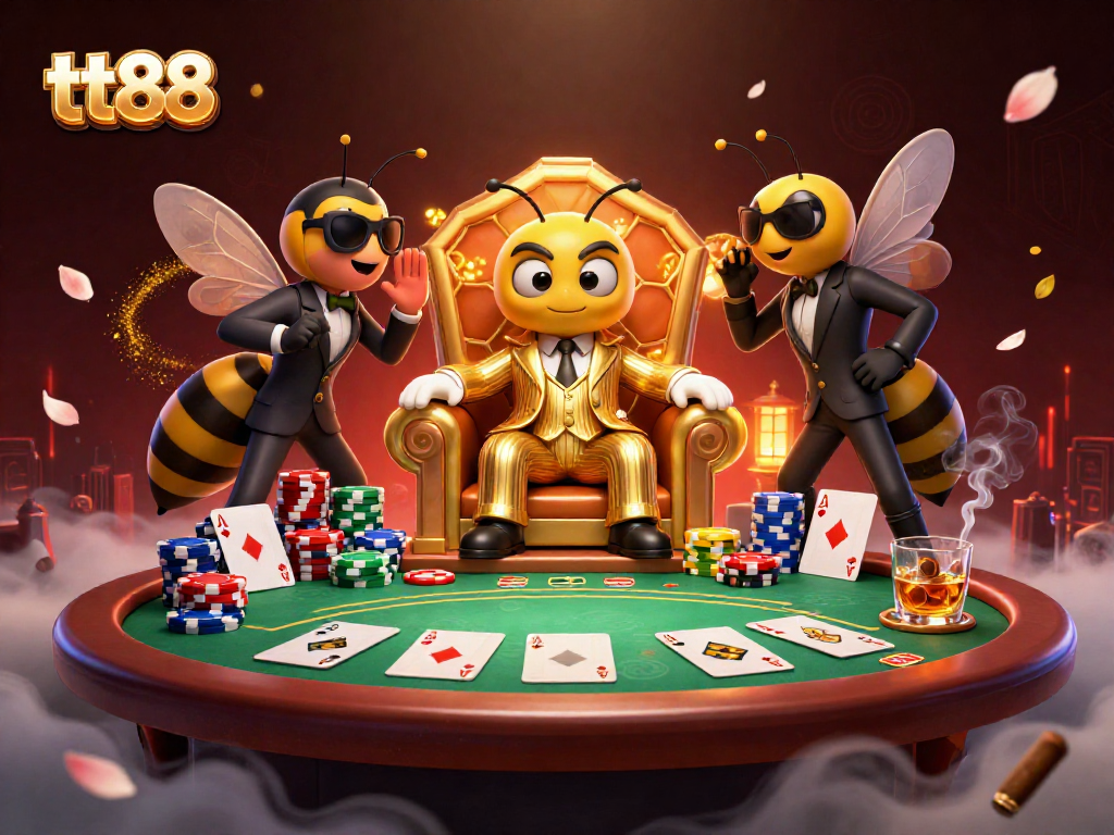 Bet on tt88 with the cartoon mob boss in a detailed gambling scene featuring poker elements.
