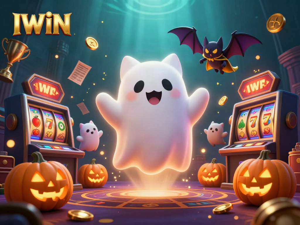IWIN captures the thrill of slots with a friendly ghost cat and vibrant casino elements in action