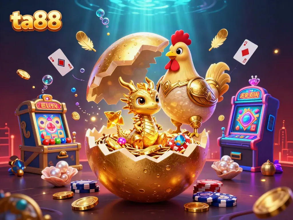 Experience high-stakes gaming with ta88's vibrant casino scene featuring a golden dragon and glowing slot machines.