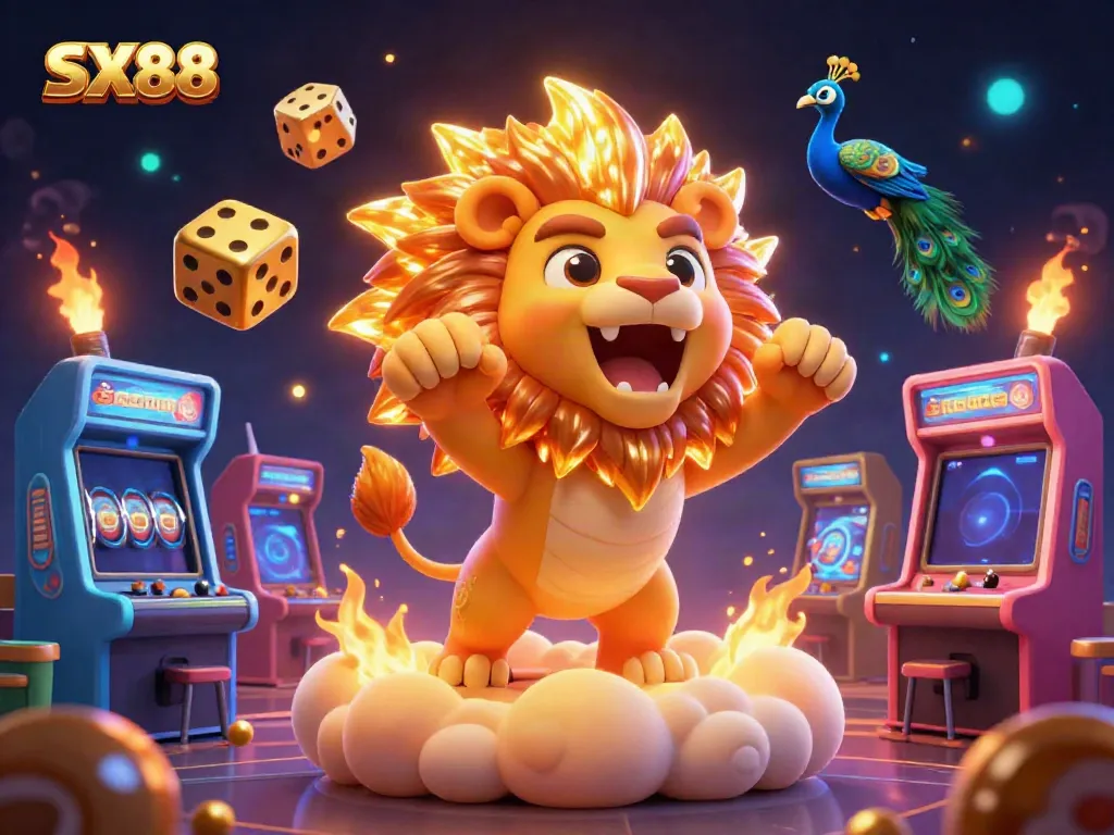 SX88 showcases a dazzling casino scene with a roaring sun lion, colorful slots, and dynamic gaming elements.