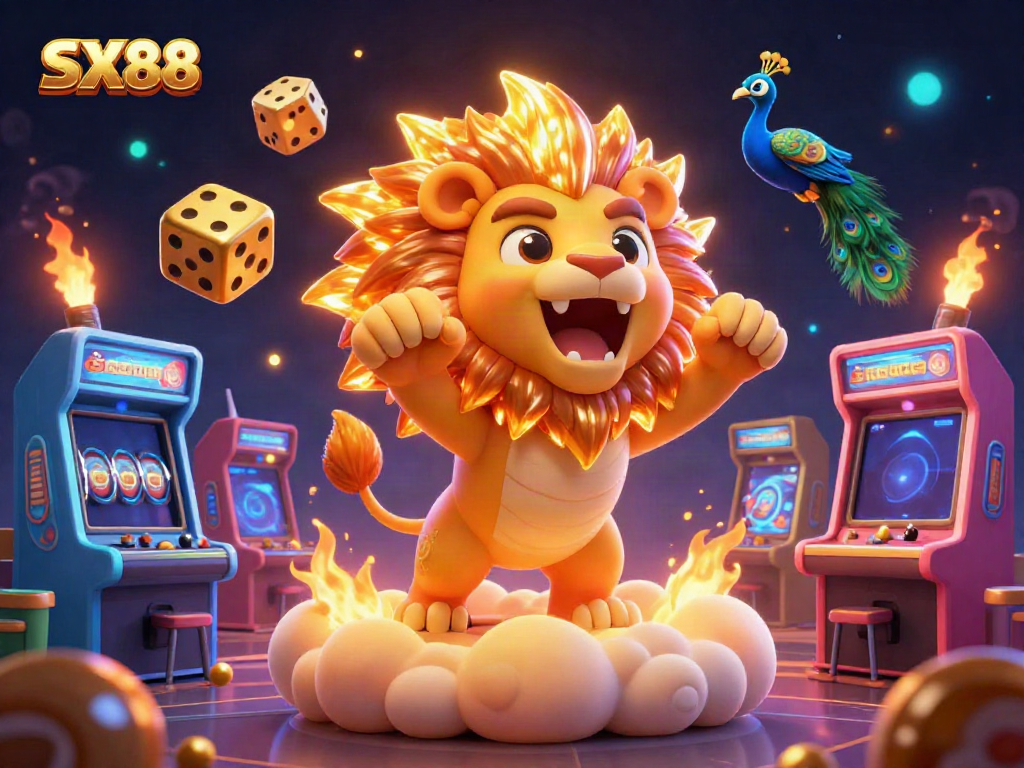 SX88 showcases a dazzling casino scene with a roaring sun lion, colorful slots, and dynamic gaming elements.