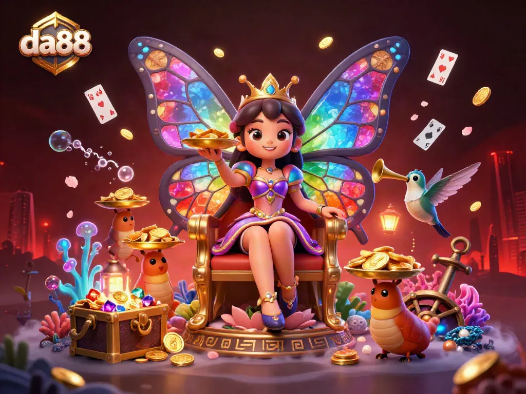 Experience the vibrant da88 fantasy with 3D butterfly queen and treasure-filled underwater scenes in casino art.