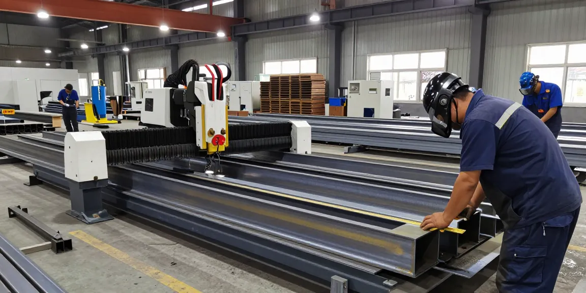 Skilled professionals in a commercial steel company fabricating custom steel structures in a busy workshop.