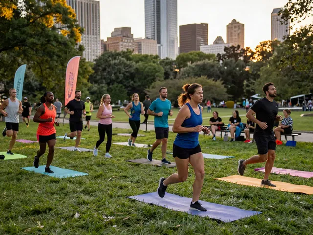 Group running session in urban park showcasing diverse fitness enthusiasts and dynamic, energetic atmosphere.