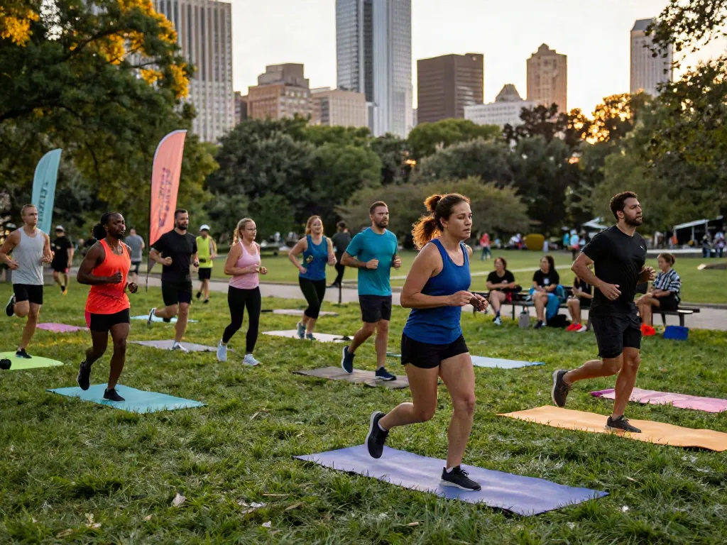 Group running session in urban park showcasing diverse fitness enthusiasts and dynamic, energetic atmosphere.