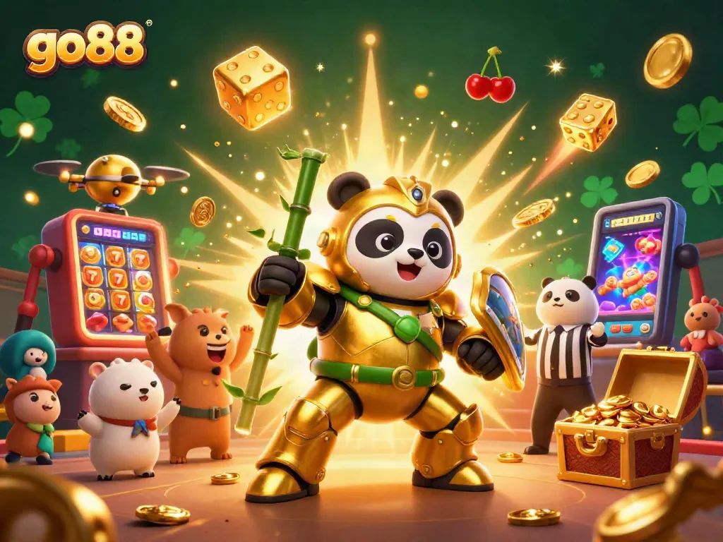 Engage in thrilling gameplay with go88 featuring a mech-suit panda fighting robot and vibrant casino elements.