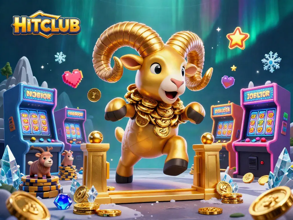 Join the HITCLUB experience with our golden ram and vibrant slots in a thrilling casino scene.