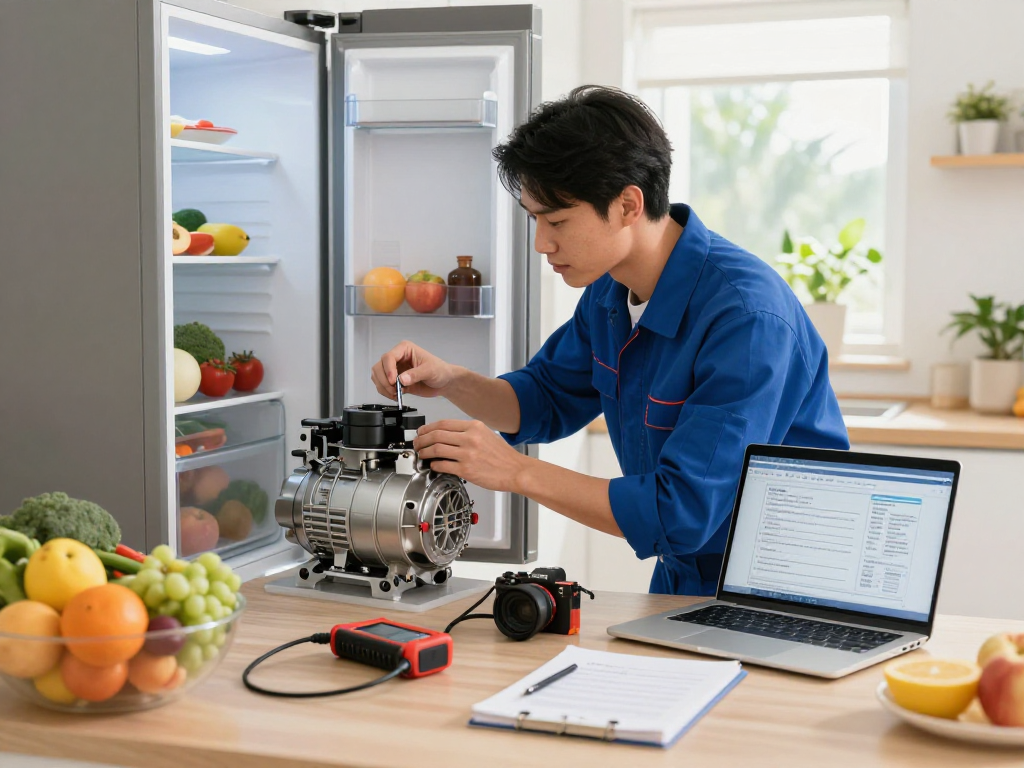 Expert appliance repair in North York, technician addresses refrigerator issues with precision in a modern kitchen.