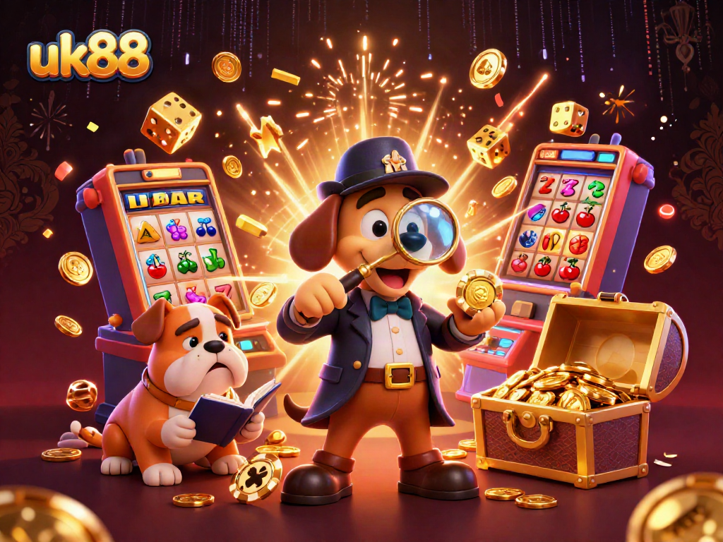 Experience the excitement of uk88 with a detective and bulldog in a vibrant casino setting.