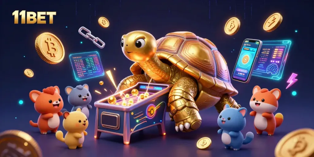 Experience thrilling gameplay with 11BET as cute animals queue to play on a golden tortoise pinball machine.