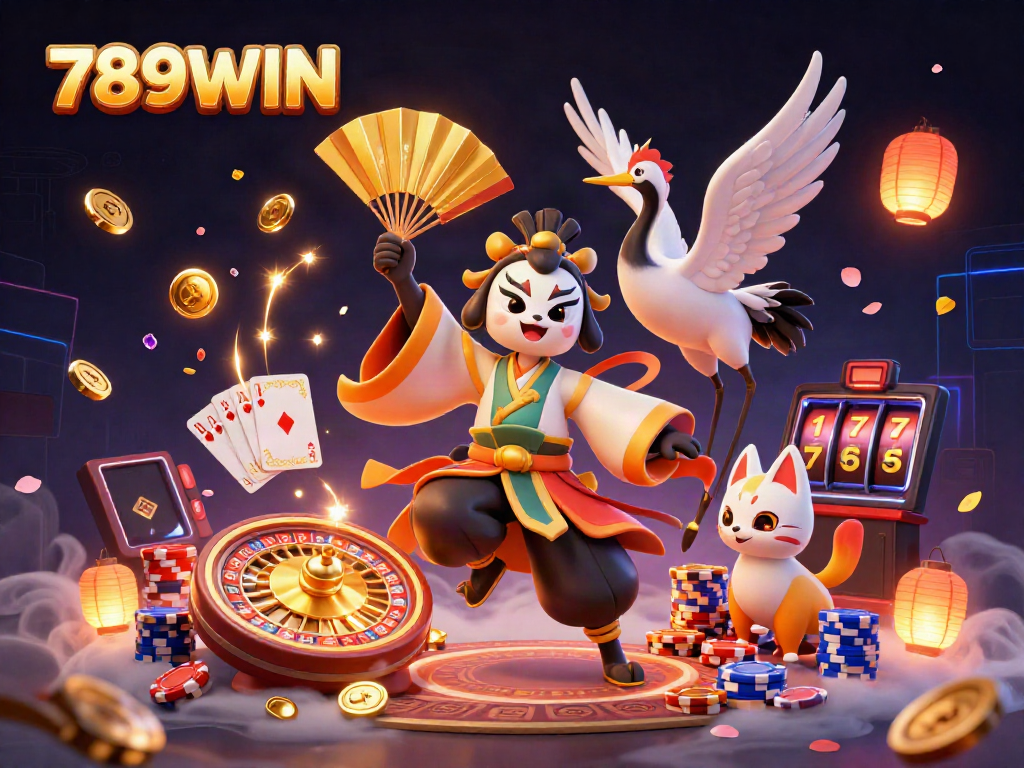 Experience the thrill at 789WIN with dynamic casino elements featuring kabuki warriors, knockout jackpots, and vibrant gaming scenes.