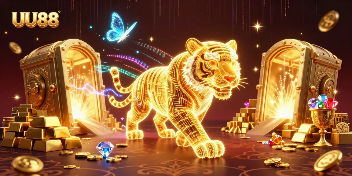 Engage with UU88's vibrant casino experience featuring a golden tiger and dazzling treasures.
