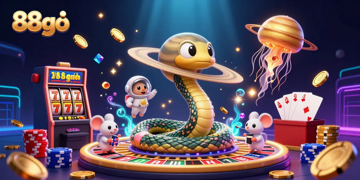 Engage with 88go's vibrant casino world featuring slot machines, bets, and fun characters.