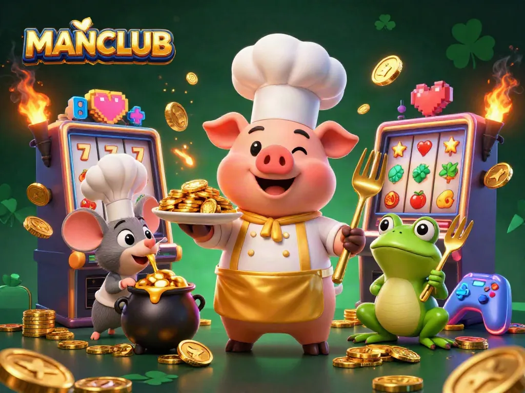 MANCLUB slots come alive in a vibrant 3D scene filled with animated characters and stunning gold coins.