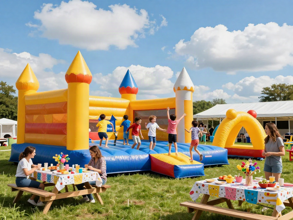 Children joyfully playing in an inflatable castle at a colorful party.