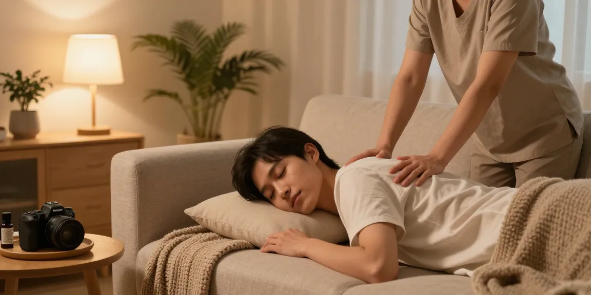 Enjoying 출장마사지 at home with professional therapist in relaxed living room.