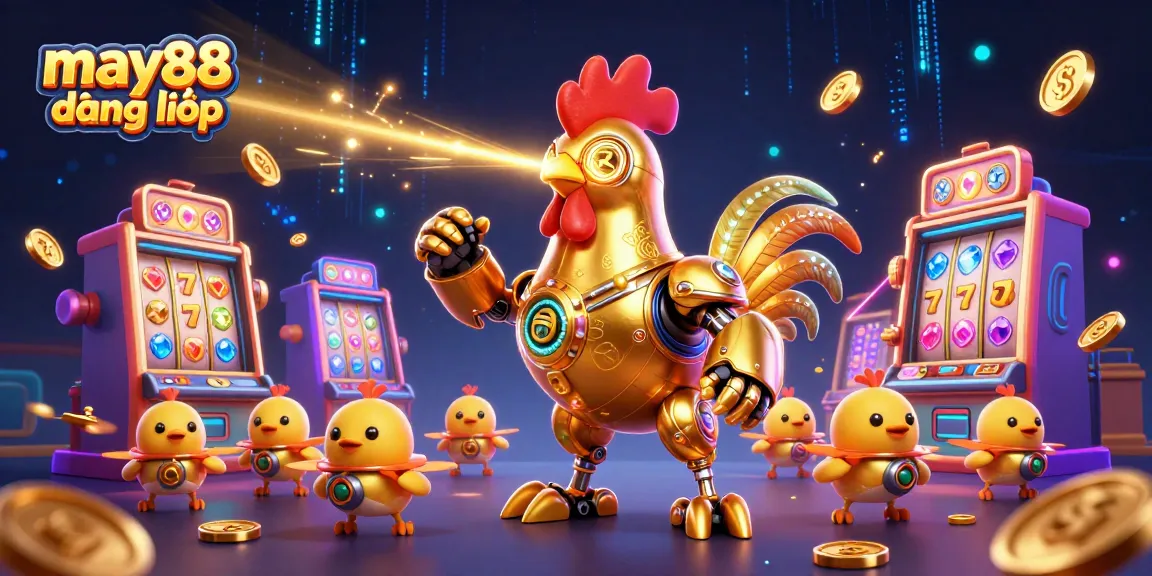 Engage with may88 đăng nhập through an exciting gaming scene featuring a golden rooster robot and colorful slot machines.