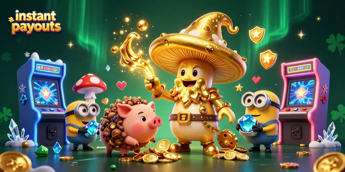 Experience instant casino payouts with a vibrant scene featuring magical elements and arcade games.