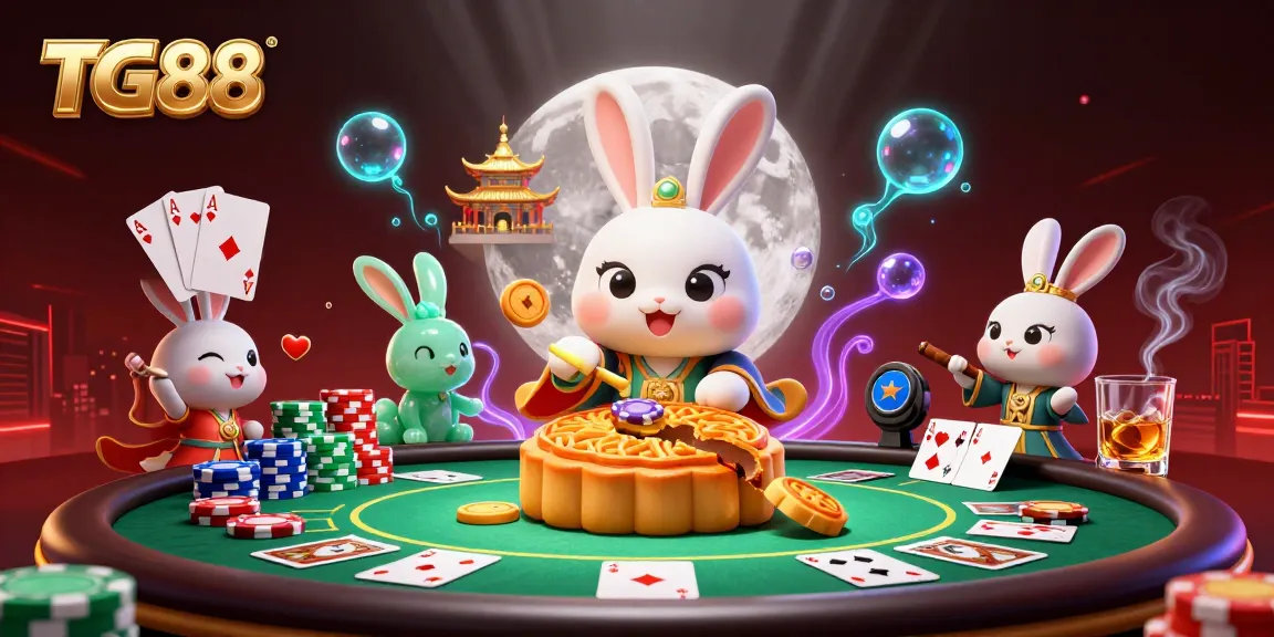 Engage in the excitement of TG88 as a moon rabbit reveals poker chips hidden in mooncakes, capturing the allure of online gambling.