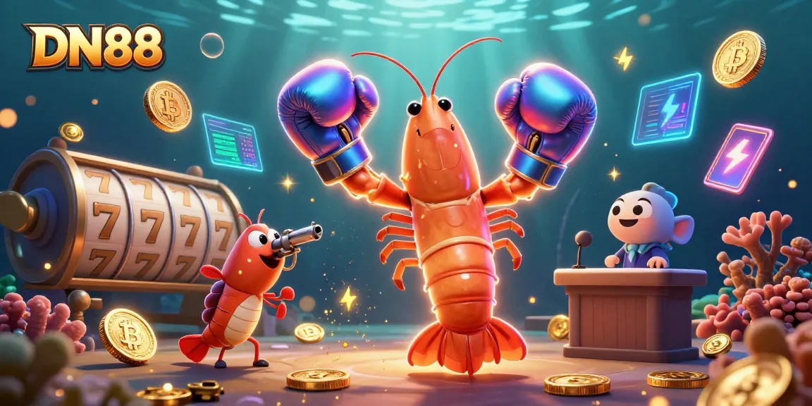 Experience thrilling slots at DN88, featuring vibrant 3D shrimp characters and glowing crypto elements.